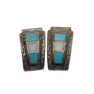 Old Pawn Sterling Silver Navajo or Zuni‎ MOP and Turquoise Watch Band Parts VTG